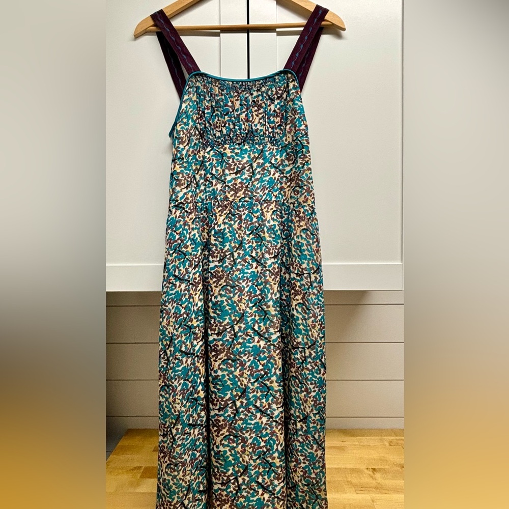 Beautiful Tufi Duek silk dress with satin waist tie. Falls at knee. Never worn.